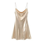 Metallic Finish Spaghetti Strap Mini Dress with Draped Cowl Neckline