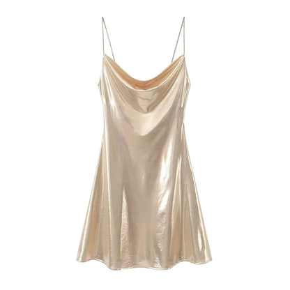 Metallic Finish Spaghetti Strap Mini Dress with Draped Cowl Neckline