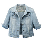 Women's Cropped Denim Jacket with Rolled Sleeves Vintage Streetwear Appeal