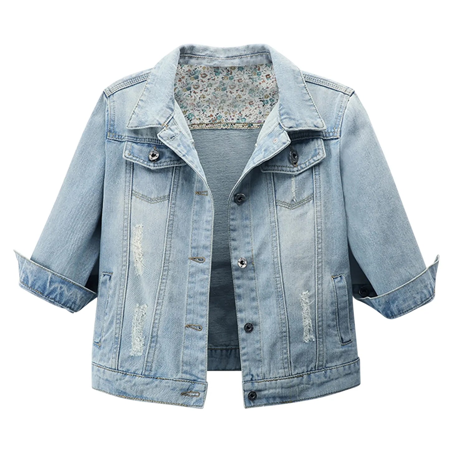 Women's Cropped Denim Jacket with Rolled Sleeves Vintage Streetwear Appeal