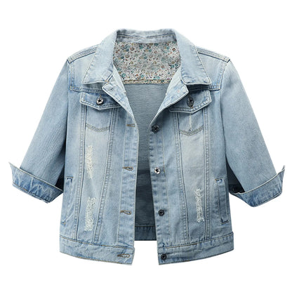 Women's Cropped Denim Jacket with Rolled Sleeves Vintage Streetwear Appeal