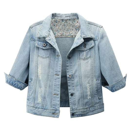 Women's Cropped Denim Jacket with Rolled Sleeves Vintage Streetwear Appeal