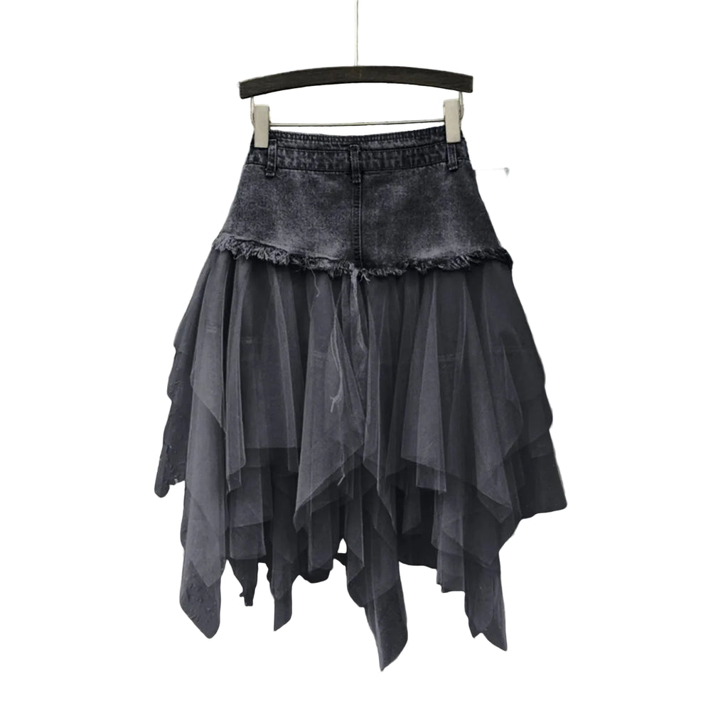 Denim Layered Mesh Asymmetrical Mini Skirt High Waist Alternative Fashion Bottom