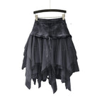 Denim Layered Mesh Asymmetrical Mini Skirt High Waist Alternative Fashion Bottom