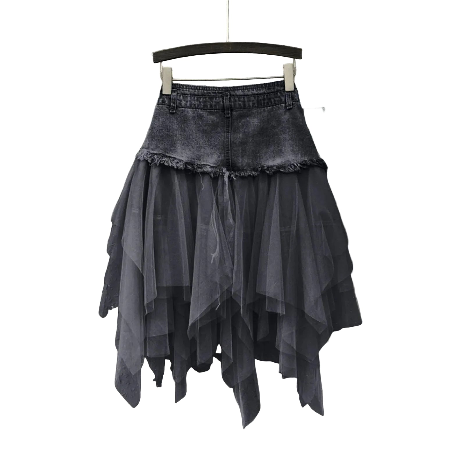 Denim Layered Mesh Asymmetrical Mini Skirt High Waist Alternative Fashion Bottom