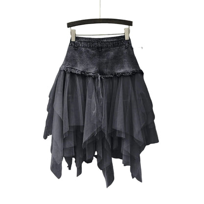 Denim Layered Mesh Asymmetrical Mini Skirt High Waist Alternative Fashion Bottom