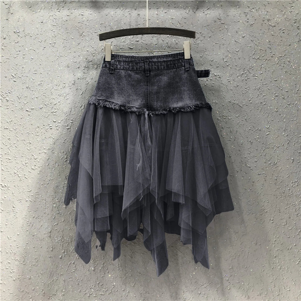 Layered Denim Waist Asymmetric Mesh Mini Skirt With Y2K Styling