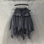 Layered Denim Waist Asymmetric Mesh Mini Skirt With Y2K Styling