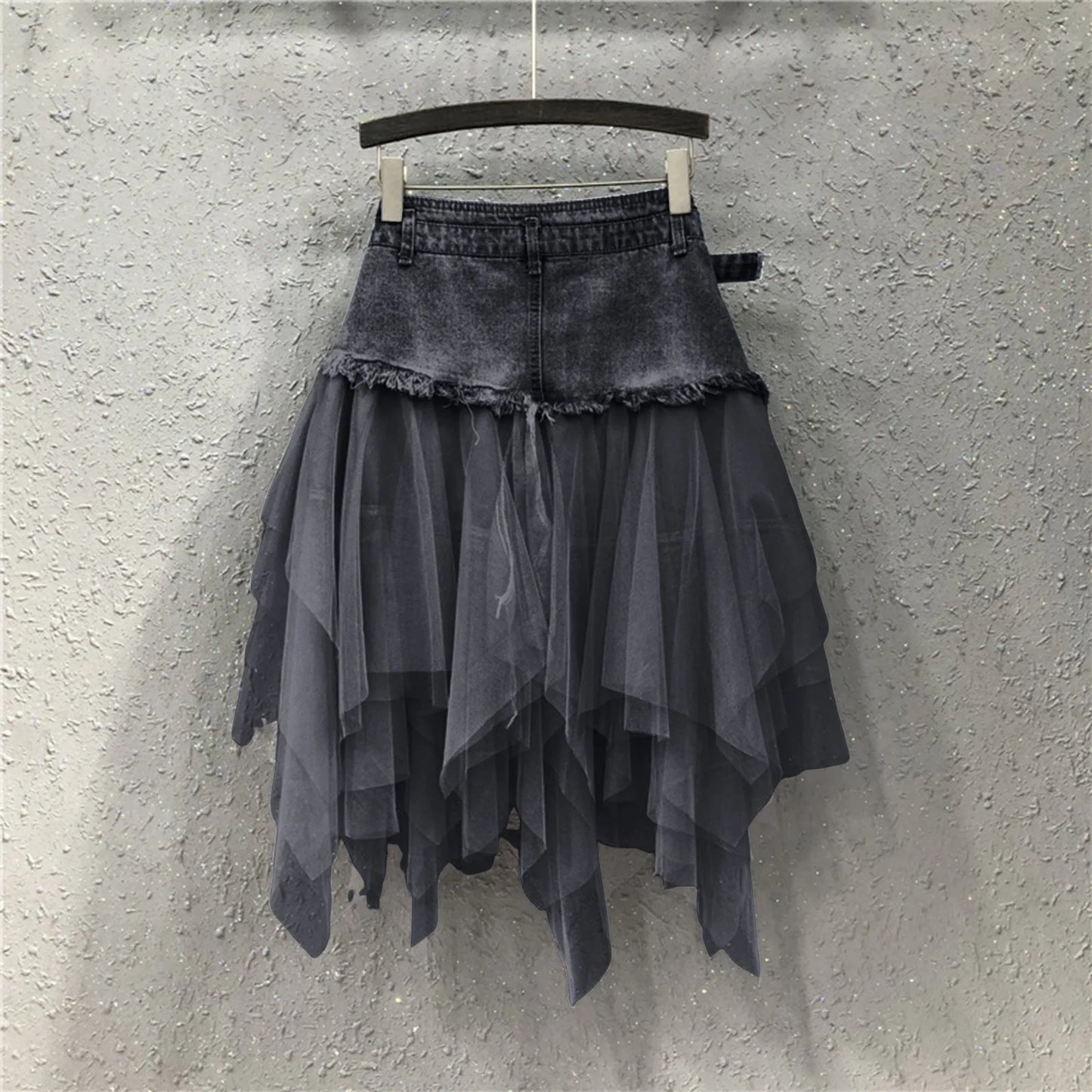 Layered Denim Waist Asymmetric Mesh Mini Skirt With Y2K Styling