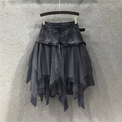 Layered Denim Waist Asymmetric Mesh Mini Skirt With Y2K Styling