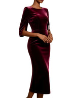 Burgundy Velvet-Finish Midi Pencil Dress with Split Petal Sleeves