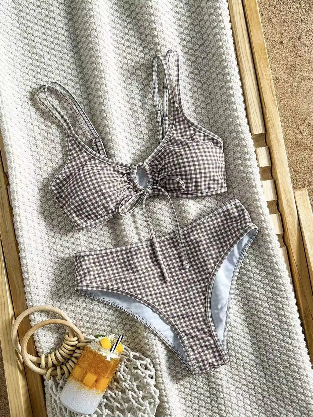 Y2K-Inspired Polka Dot High-Waisted Bikini with Pink Contrast Binding and Front Tie