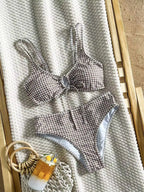 Y2K-Inspired Polka Dot High-Waisted Bikini with Pink Contrast Binding and Front Tie