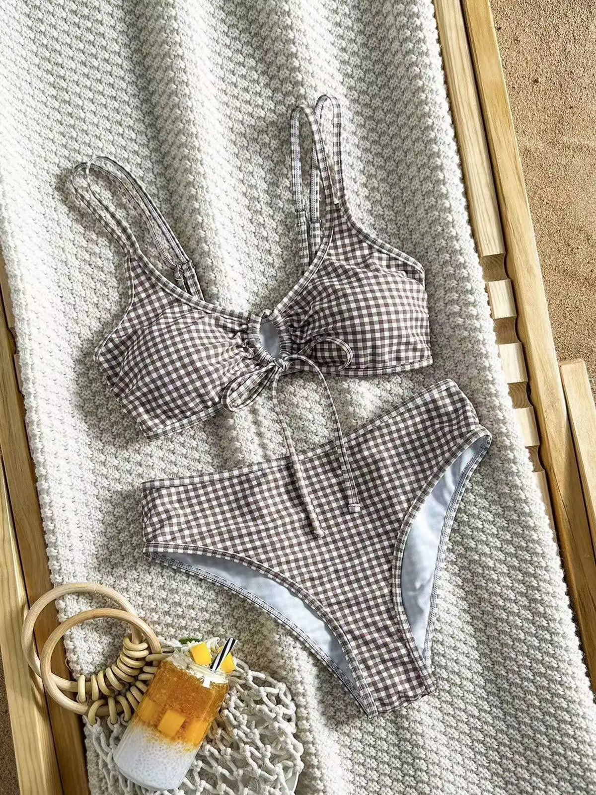 Y2K-Inspired Polka Dot High-Waisted Bikini with Pink Contrast Binding and Front Tie