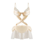 Cream Lace and Sheer Mesh Cutout Babydoll with Crisscross Bodice