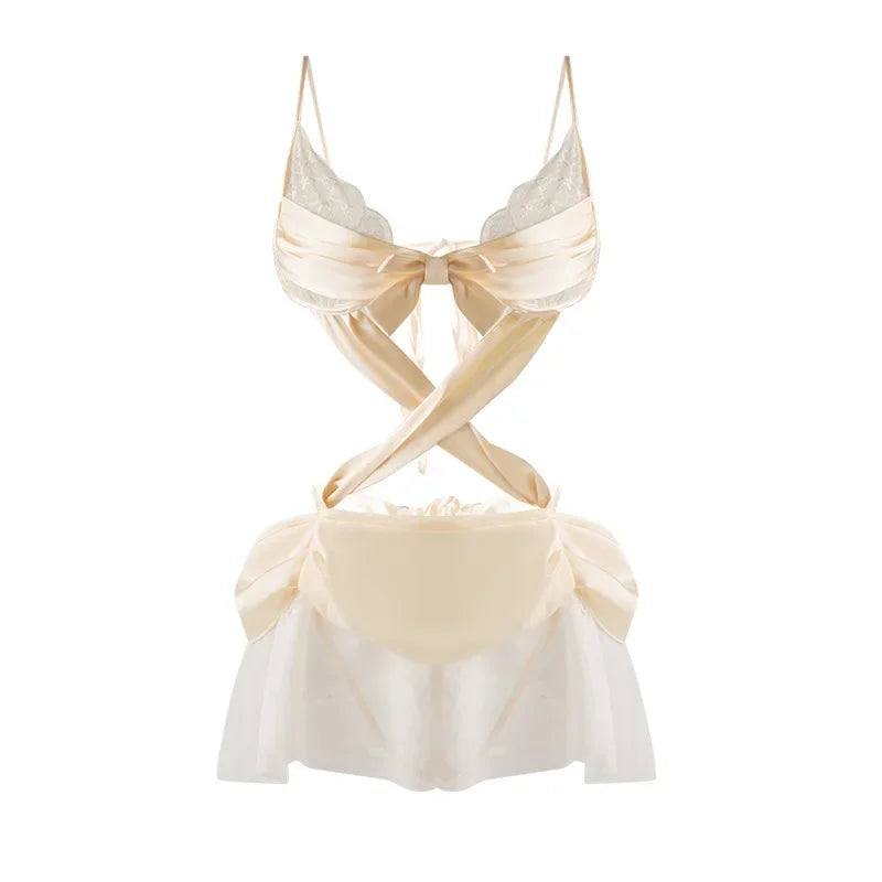 Cream Lace and Sheer Mesh Cutout Babydoll with Crisscross Bodice