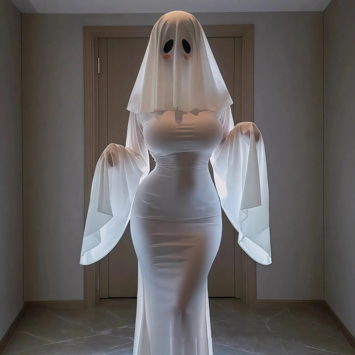 Form-Fitting Long White Gown with Sweeping Bell Sleeves and Ghost Veil