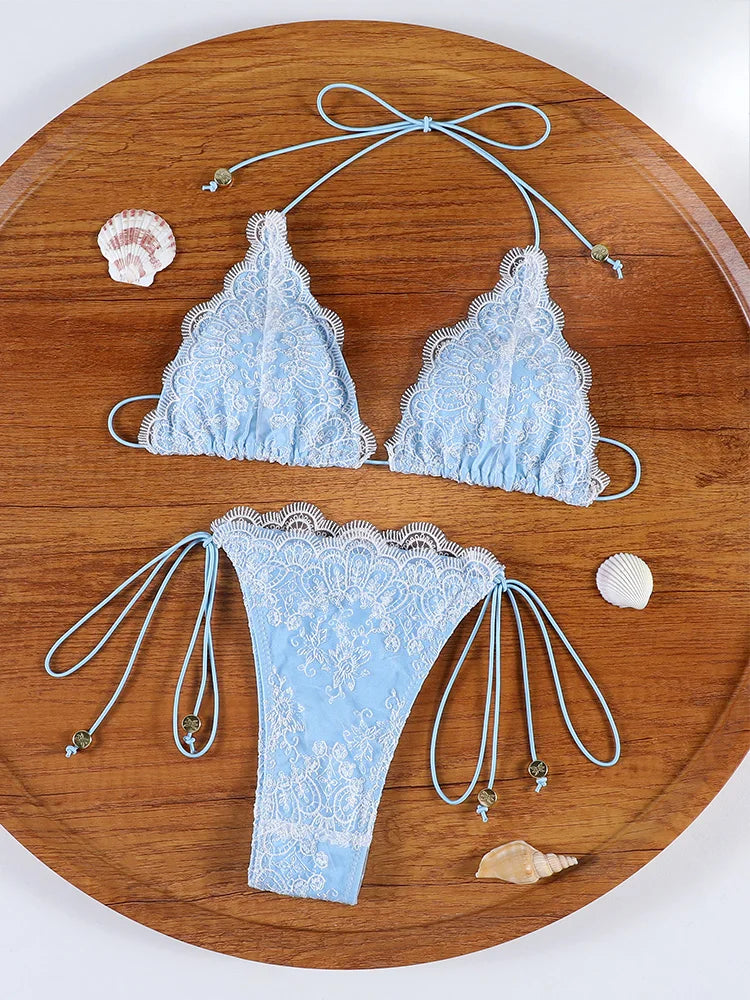 Pastel Lilac and Yellow Lace-Textured String Bikini with Beaded Accents