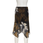 Low Rise Asymmetrical Floral Mesh Midi Skirt with Soft Pleats