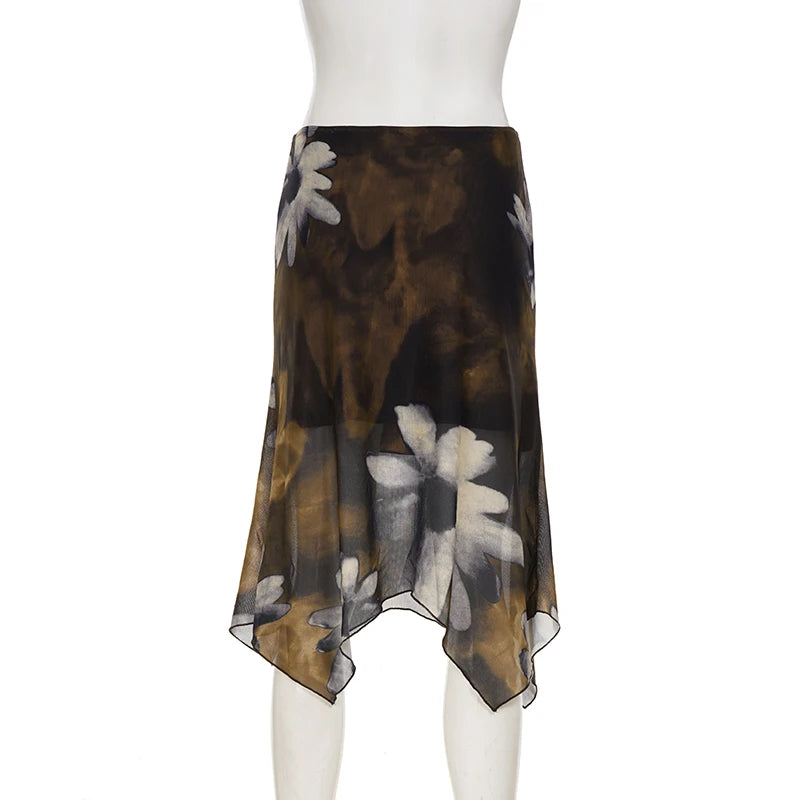 Low Rise Asymmetrical Floral Mesh Midi Skirt with Soft Pleats