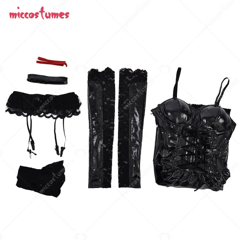 Women's Gothic Faux Leather Dress with Lace Details and Coordinated Costume Accessories