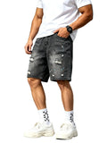 Men's Loose Fit Denim Shorts with Distressed Finish and Knee Length Casual Design