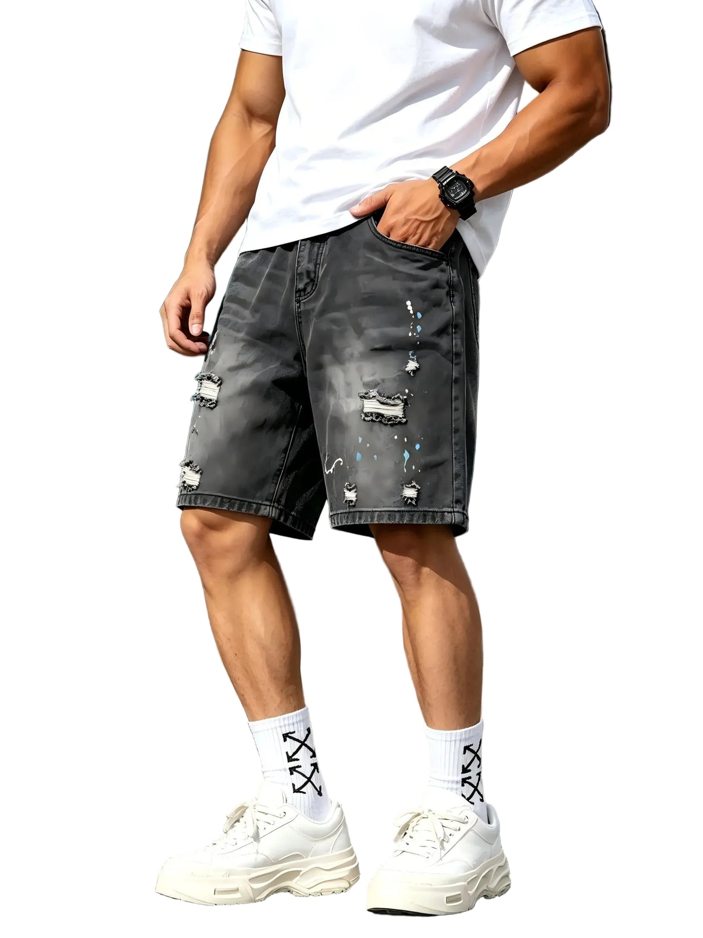 Men's Loose Fit Denim Shorts with Distressed Finish and Knee Length Casual Design