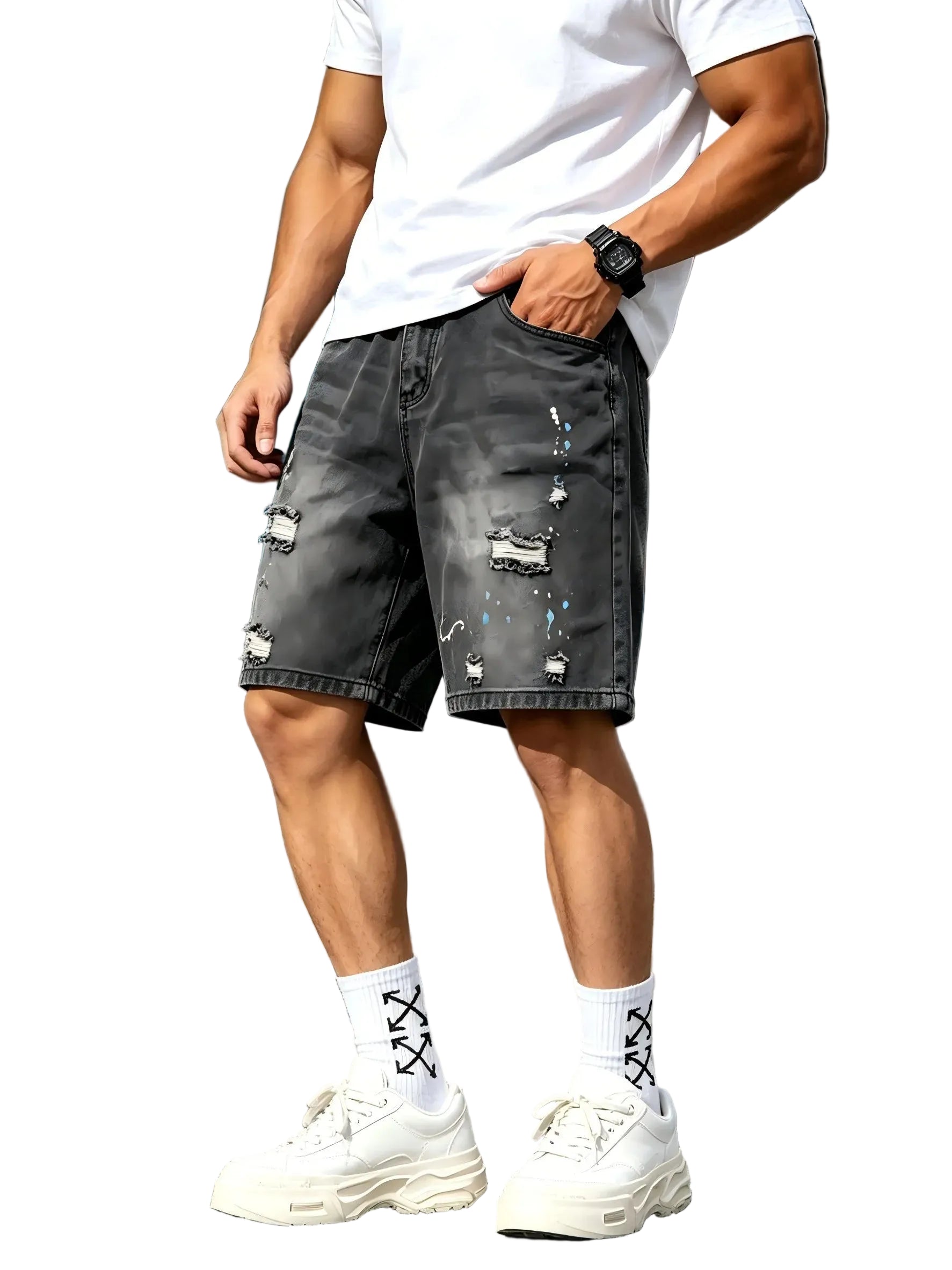 Men's Loose Fit Denim Shorts with Distressed Finish and Knee Length Casual Design