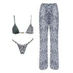 Three-Piece Zebra Print Swimwear Set with Matching Sheer Mesh Pants