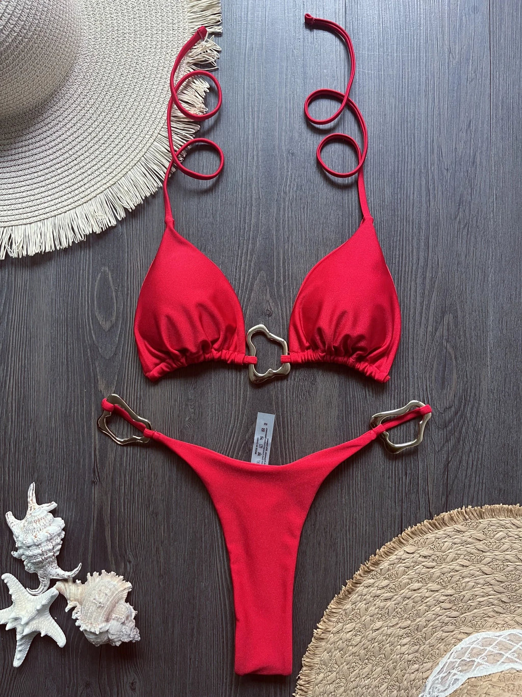 Vibrant Red String Bikini Set with Abstract Gold-Tone Hardware