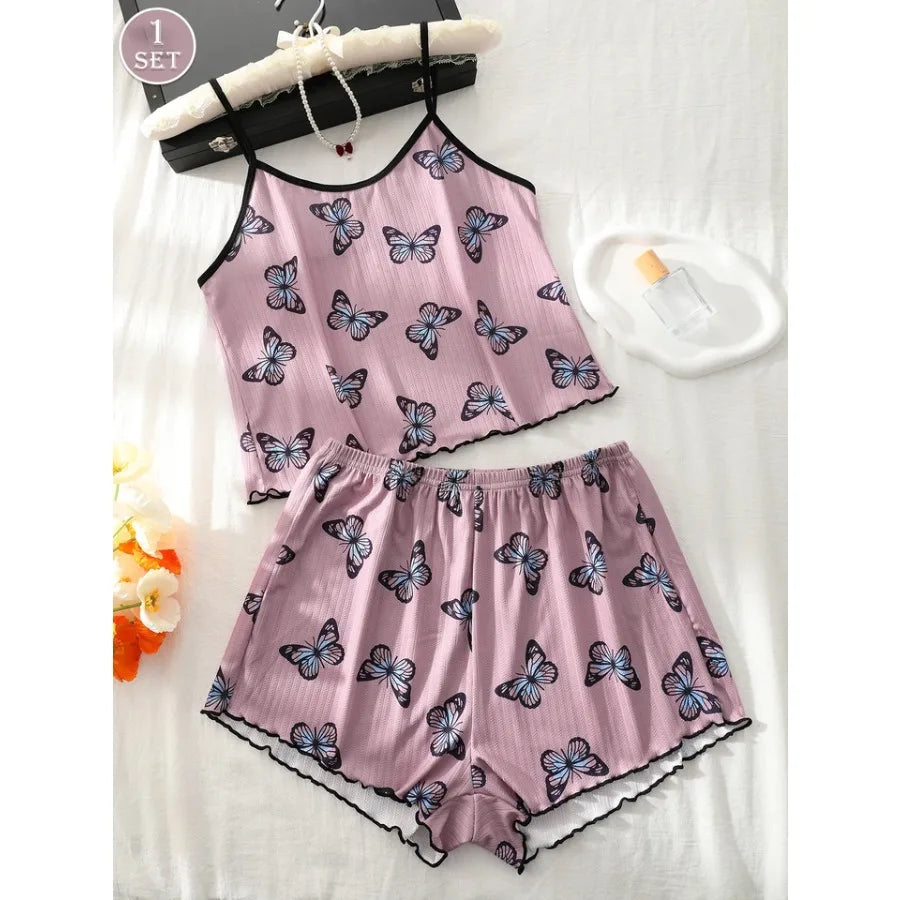 Playful Butterfly Print Two-Piece Camisole and Shorts Sleepwear Set with Contrast Trim