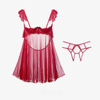 Ethereal Pink Sheer Mesh Babydoll with Ruffled Straps and Open Back