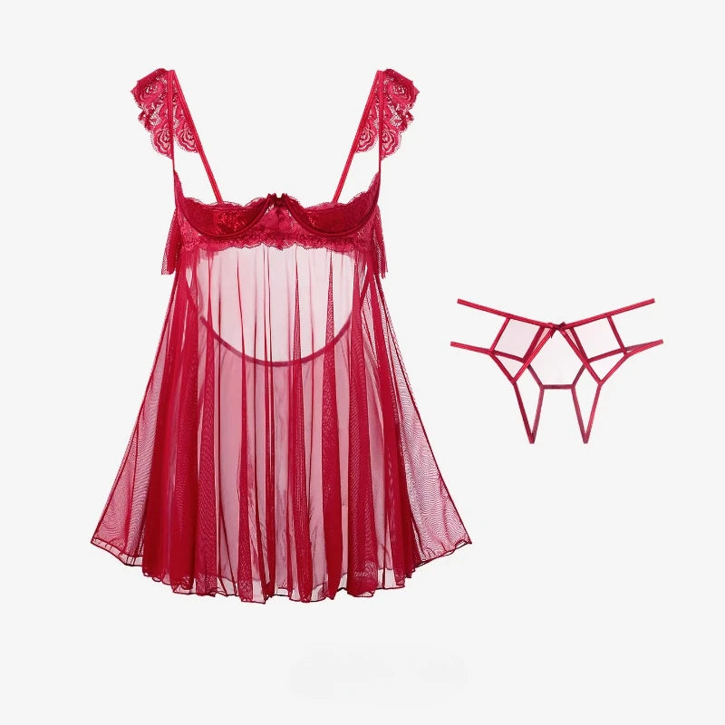 Ethereal Pink Sheer Mesh Babydoll with Ruffled Straps and Open Back