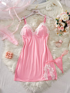 Lavender Lace-Trimmed Babydoll Nightdress with Matching Panty and Side Slit Detail