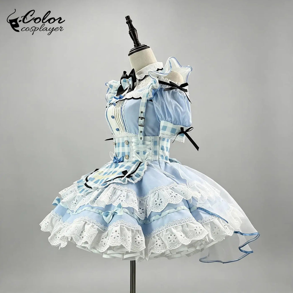 Light Blue Gingham Lolita Maid Dress with Intricate Lace and Bow Accents