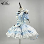 Light Blue Gingham Lolita Maid Dress with Intricate Lace and Bow Accents
