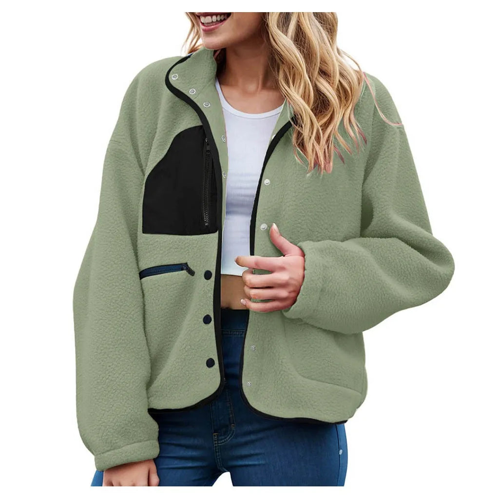 Women's Cropped Teddy Fleece Button Front Jacket Cozy Casual Everyday Layering Outerwear