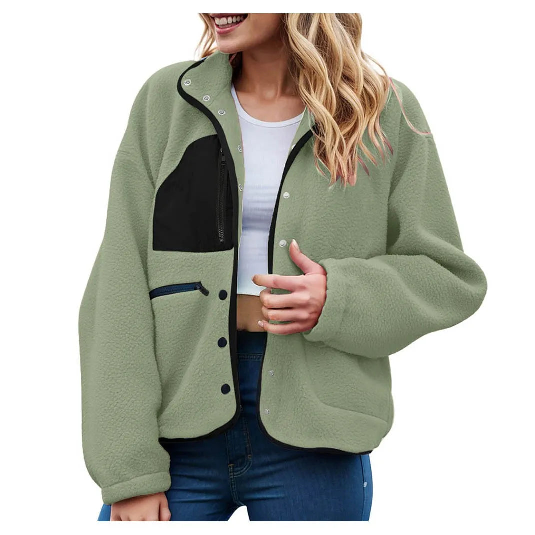Women's Cropped Teddy Fleece Button Front Jacket Cozy Casual Everyday Layering Outerwear
