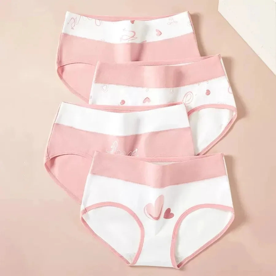 4-Piece Women’s Printed High-Rise Briefs Set with Playful Heart and Floral Motifs, Soft Pink Tones and Feminine Styling