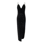 Sequined Bodycon Maxi Dress with V Neck and Side Split