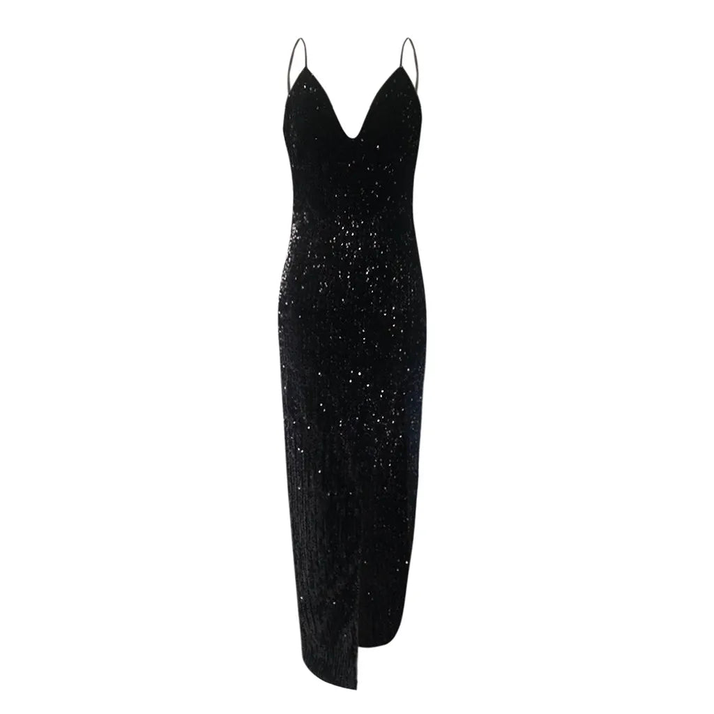 Sequined Bodycon Maxi Dress with V Neck and Side Split