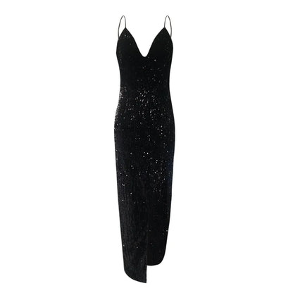 Sequined Bodycon Maxi Dress with V Neck and Side Split
