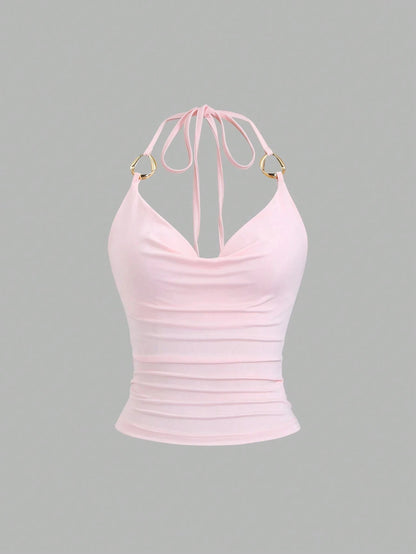 Halter Tie Crop Top with Draped Neckline Slim Fit Contemporary Streetwear Style