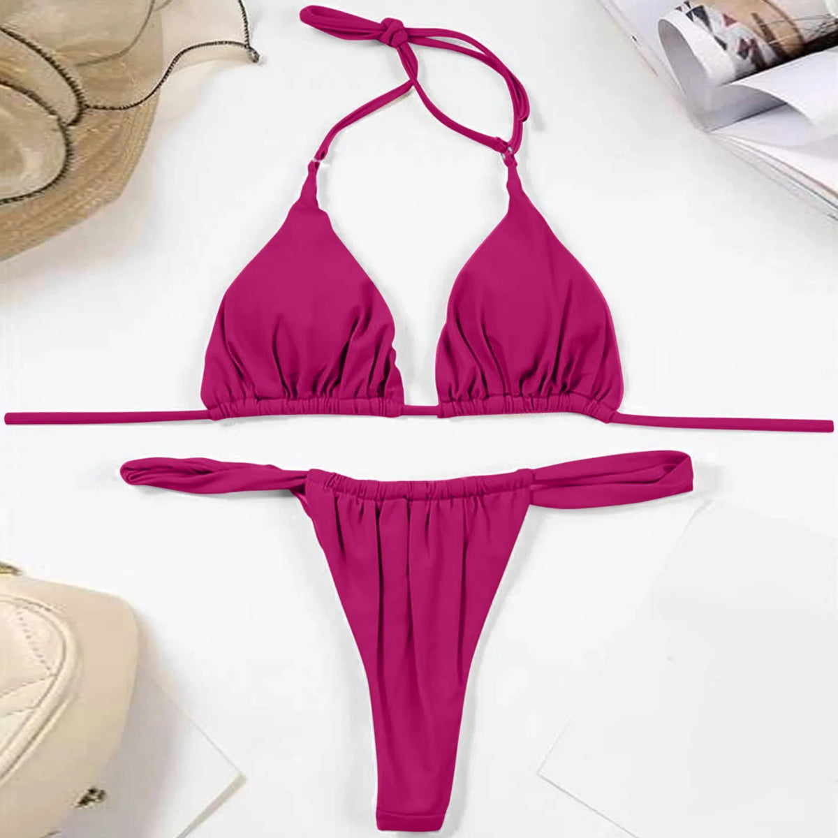 Solid Royal Blue Triangle String Bikini Set with Tie Fastenings