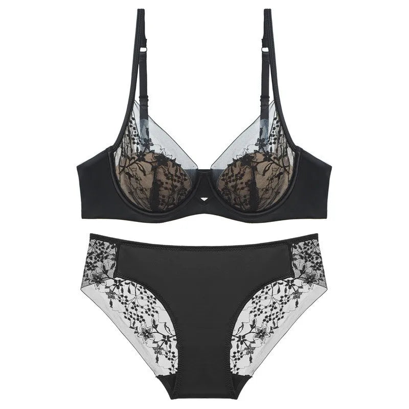 Edgy Black Geometric Strappy Wire-Free Bra and Thong Set