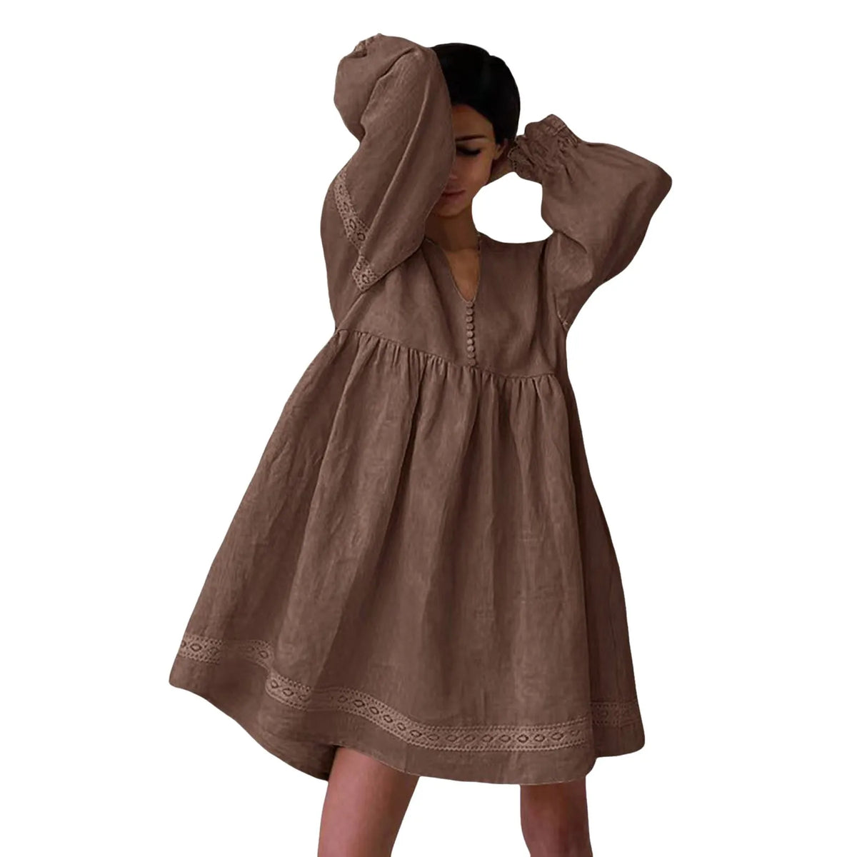 Relaxed Oversized V-Neck Smock Dress with Voluminous Sleeves and Lace Trim