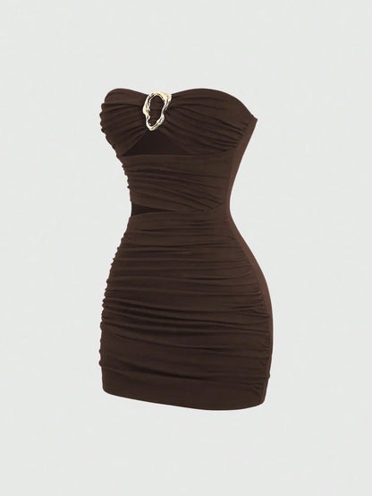Strapless Ruched Bodycon Mini Dress with Metallic Accent Contemporary Silhouette