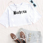 Women's Gothic Typography Crop Top for Contemporary Streetwear Casual Everyday Fashion Style