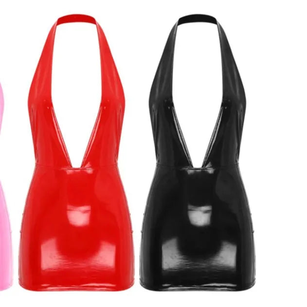 High-Gloss Halter Bodycon Mini Dress with Plunging V-Neckline