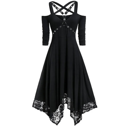 Gothic Witchcore Midi Dress with Pentagram Strap Details